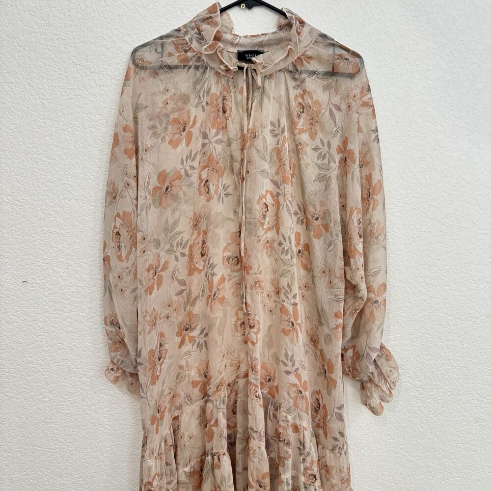 VICI Women’s Medium Sheer Floral Maxi Dress Tiered Ruffle Boho Long Sleeve
